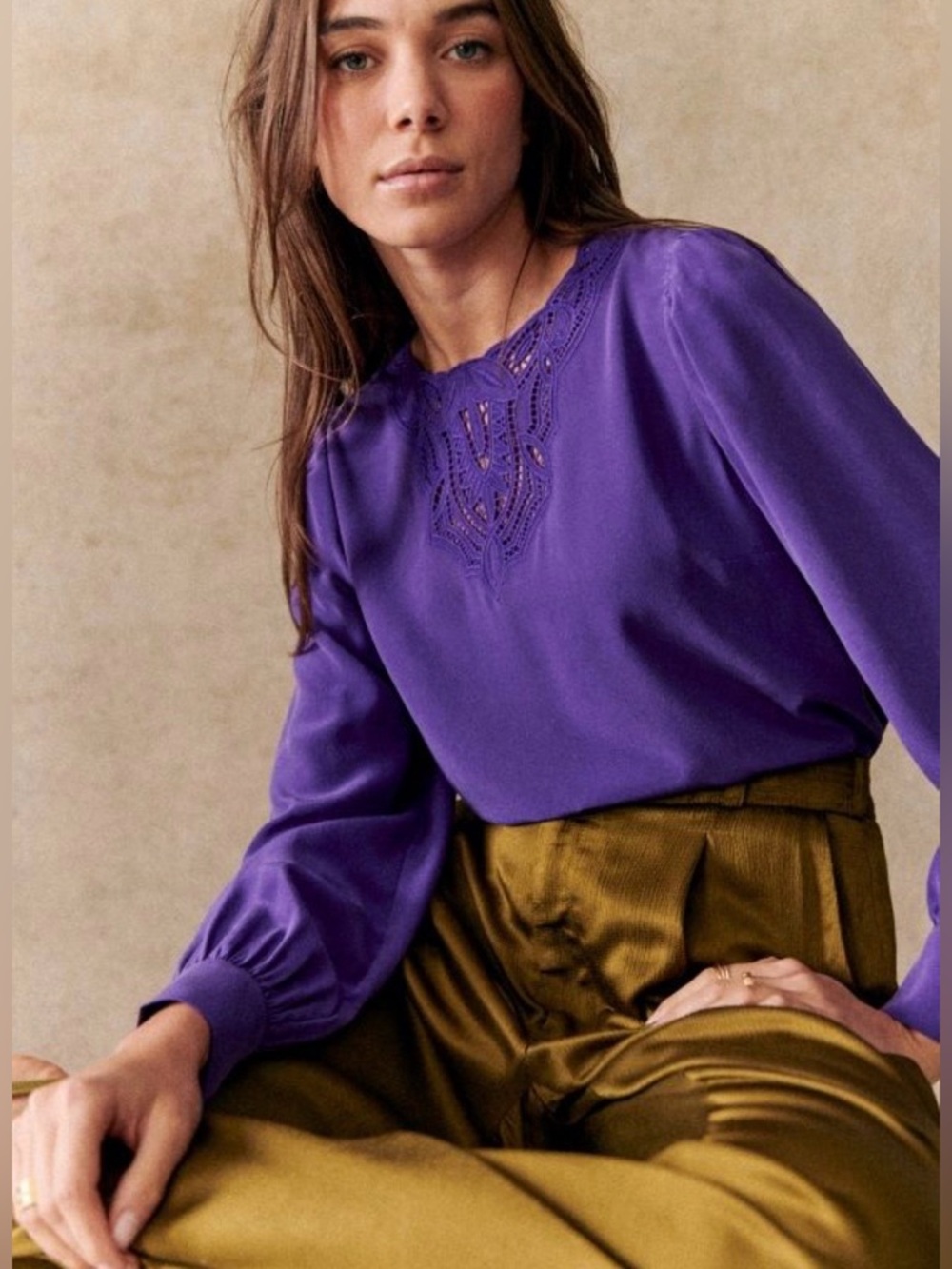 Sézane Carlotta Blouse Violet Foncé Silk Embroidered - Picture 3 of 7